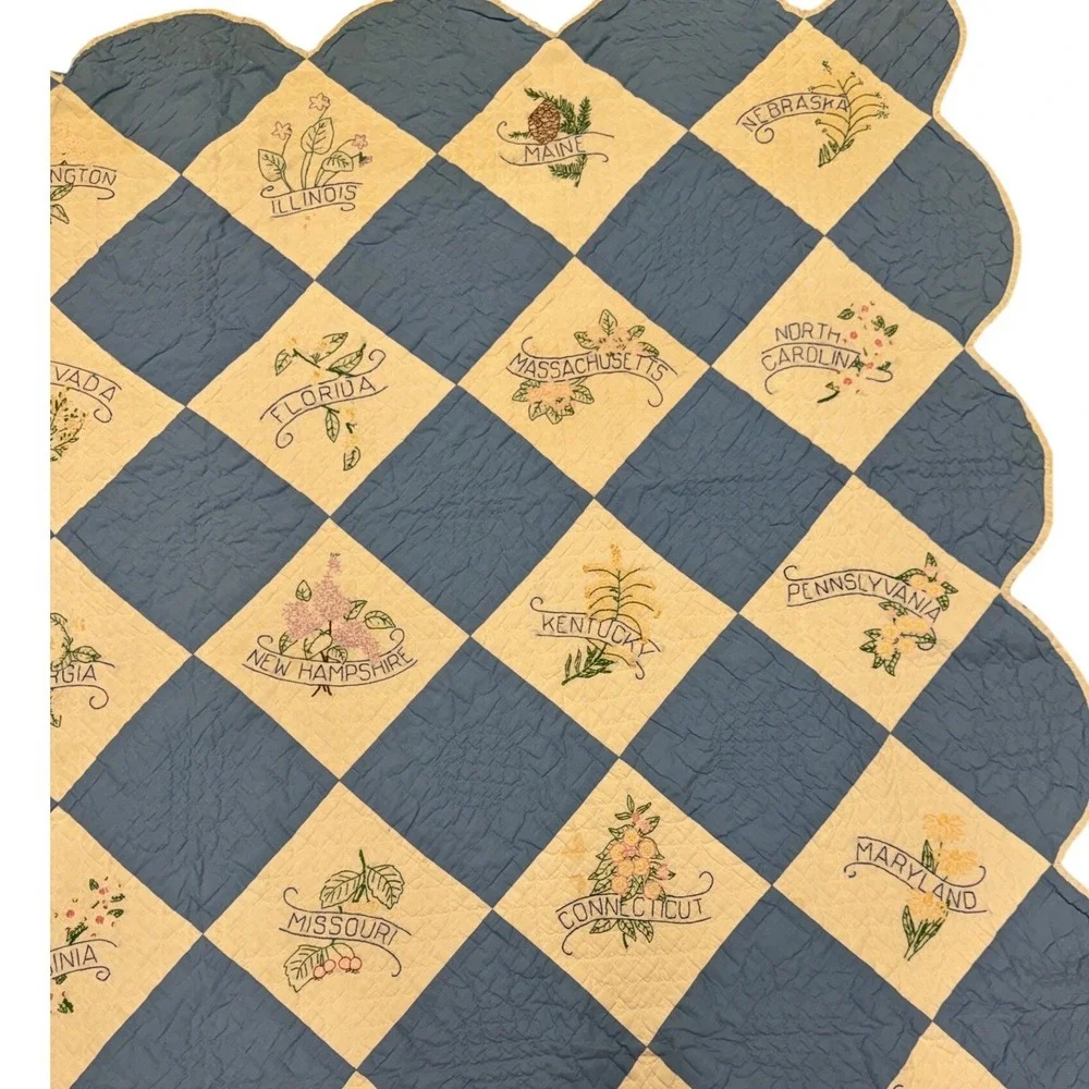 Vintage 48 State Embroidered Quilt 1930s Blue White Hand Quilted Scalloped Edge